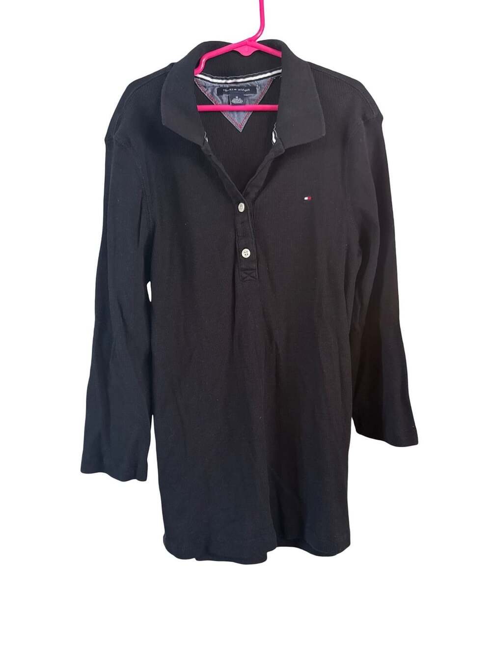 Tommy Hilfiger Ribbed Polo Size M Black 3/4 Sleeve